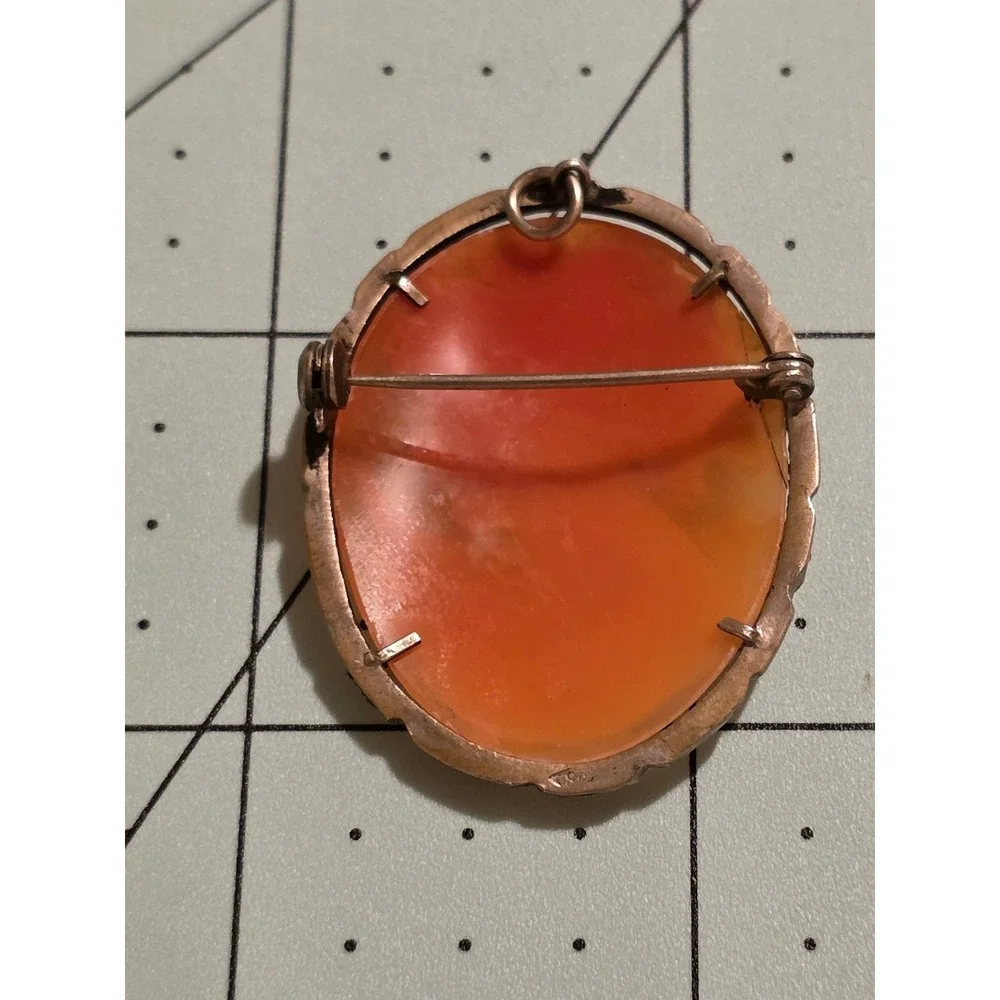 Vintage 800 Silver‎ Carnelian Shell Cameo Brooch Pendant Marcasite Scalloped